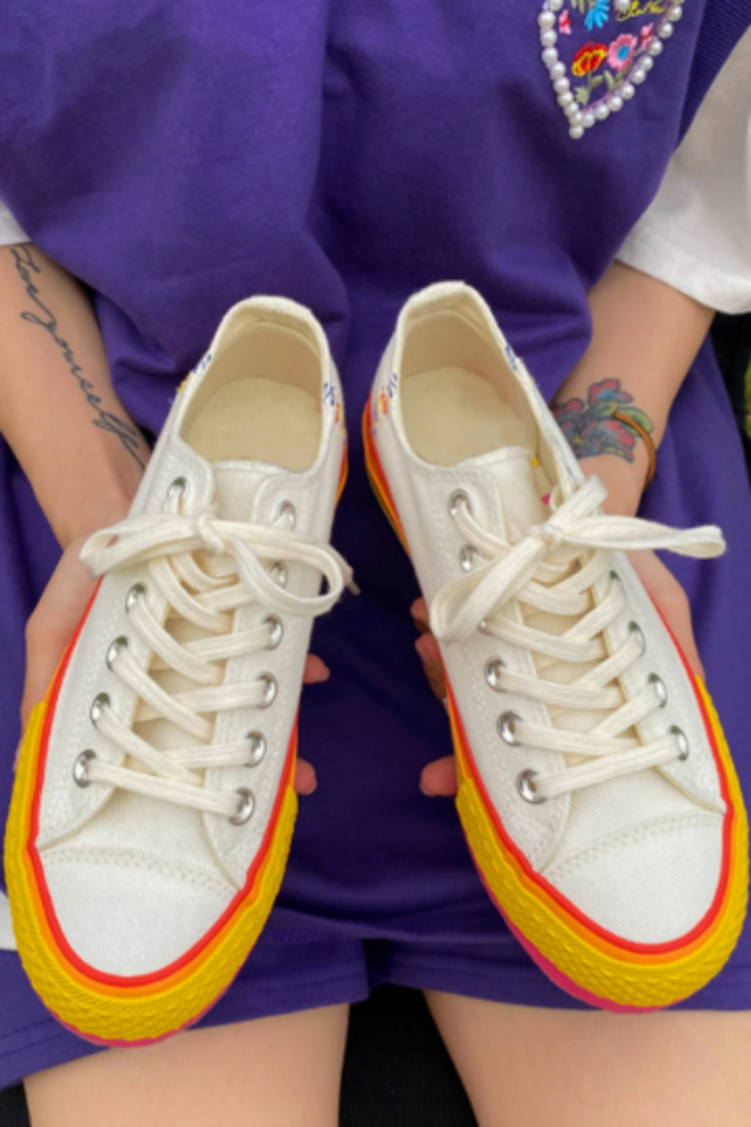 Chunky Rainbow Platform Heel Ox White Sneakers, Platform Canvas Shoes, Unisex Trainers