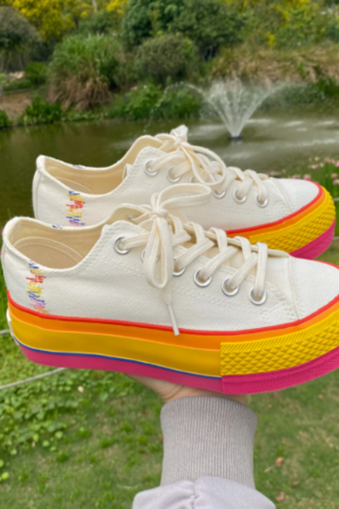 Chunky Rainbow Platform Heel Ox White Sneakers, Platform Canvas Shoes, Unisex Trainers