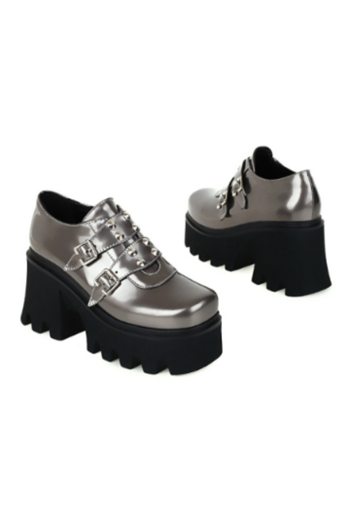 Chunky Treaded Platform Oxford Shoes, High Block Heel, Available in Black Patent & Silver Patent