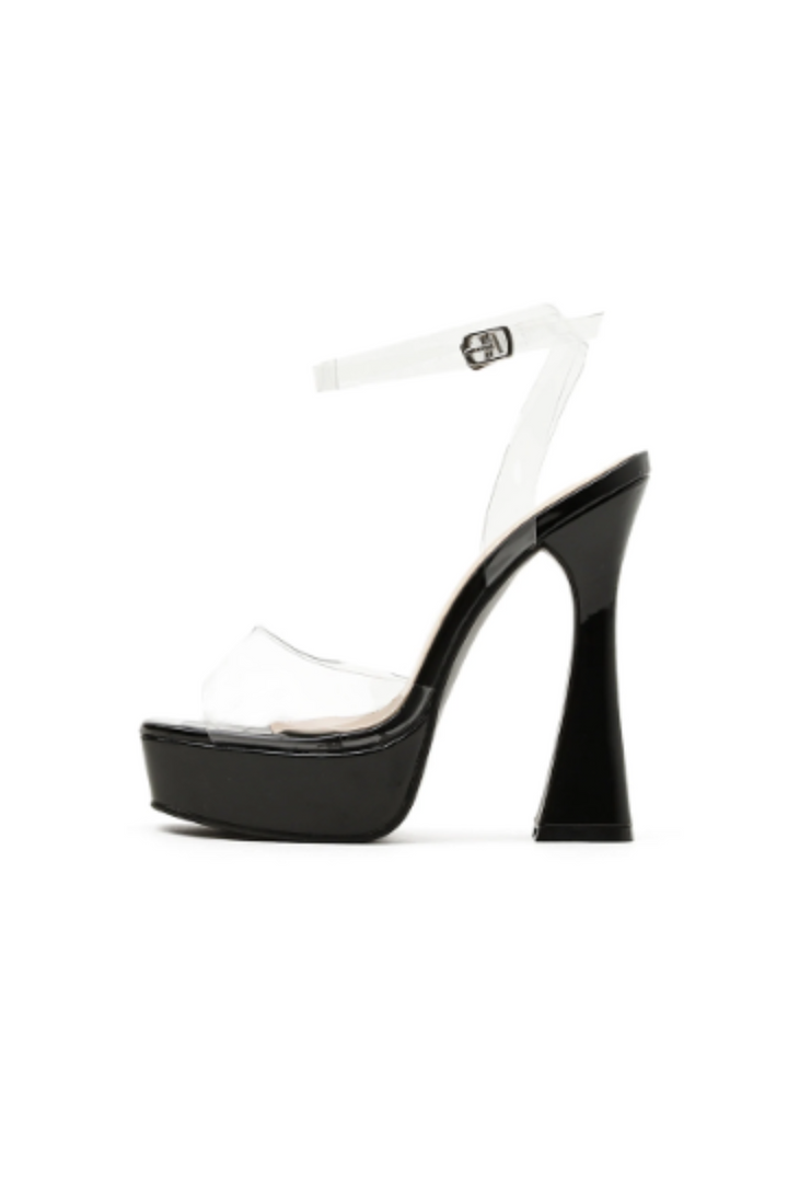 Black Pyramid Heeled Extreme Platform Sandals, Clear Ankle Strap Sandal Heels