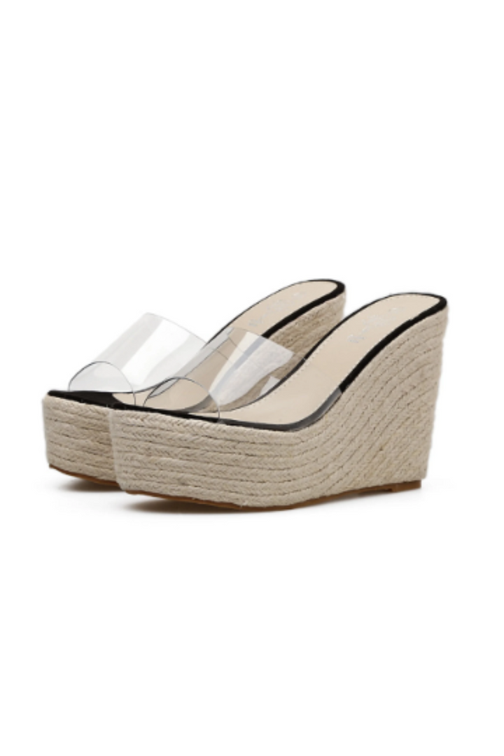 Clear Espadrille Heeled Extreme Platform Wedge Mules, Chunky Straw Platform Mules