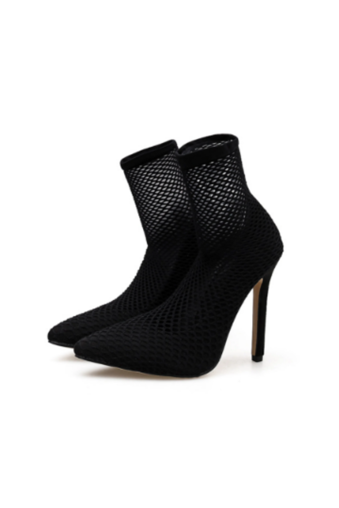 Black Fishnet Stiletto Pointed Toe Heels, Black Stiletto Mesh Sock Boot Heels