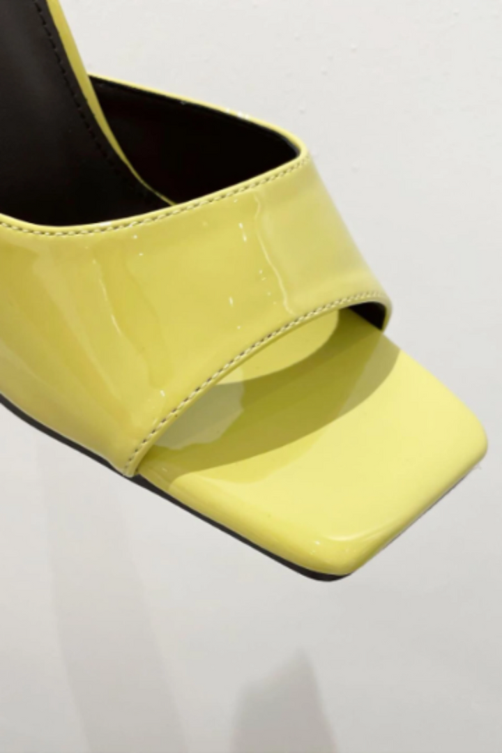 Square Peep Toe Sculptured Flared Block Heel Mule, Available in White & Lime Patent