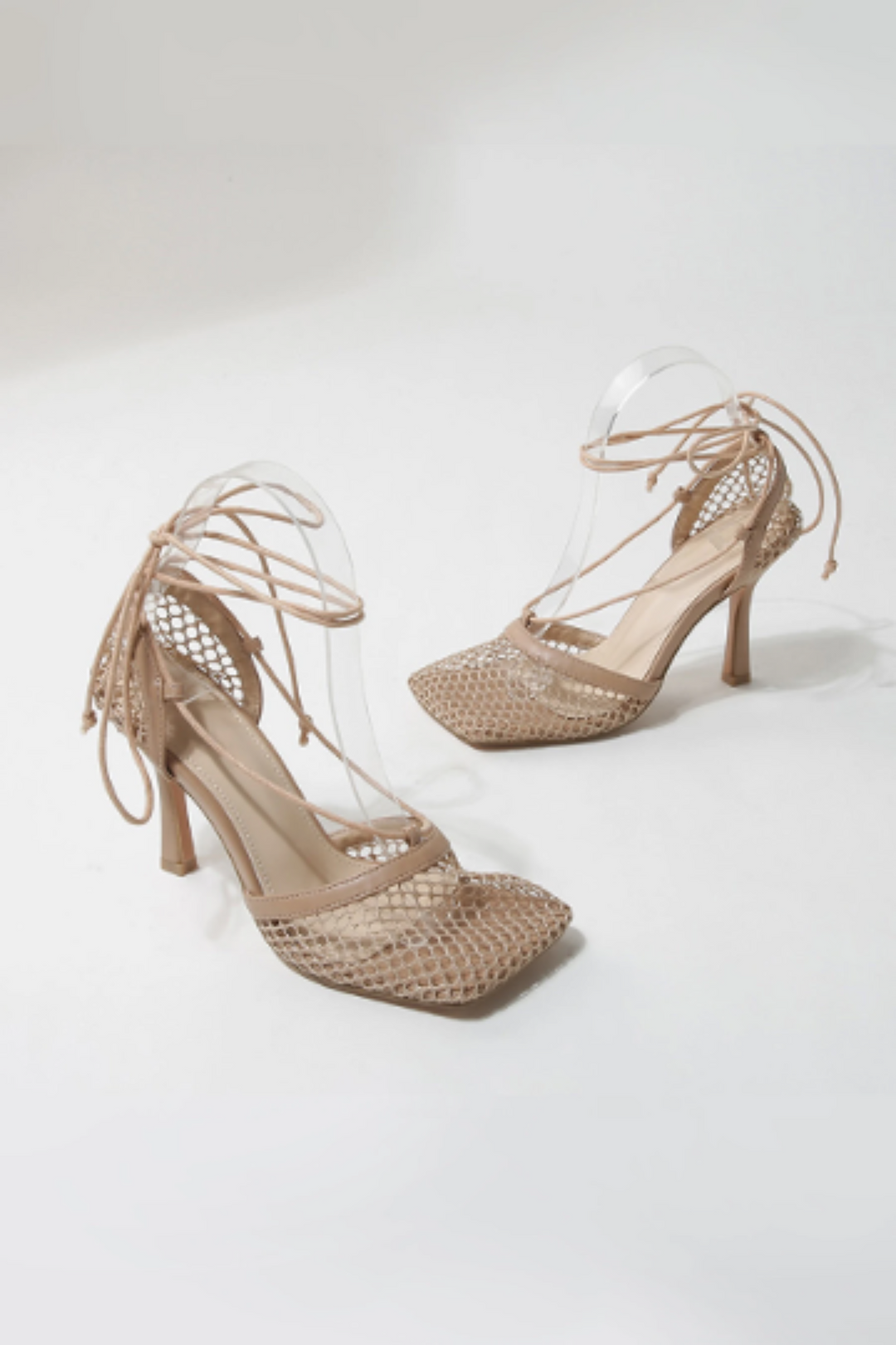 Strappy Square Toe Mesh Heeled Pumps, Wraparound Lace Up Strap Stilettos, Heeled Gladiator Pumps, Available in Black & Beige