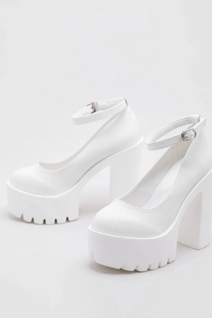 Platform Round Toe Chunky Heeled Ankle Strap Mary Janes, Platform Faux Leather Heeled Pumps, Available in Black & White