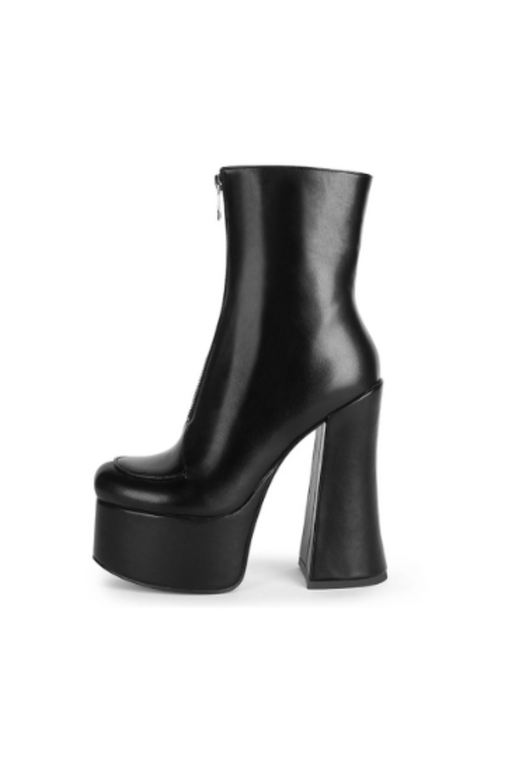 Treaded Platform Sole Heeled Sock Boots, Front Zip, Black Faux Leather, Chunky Platform Heels