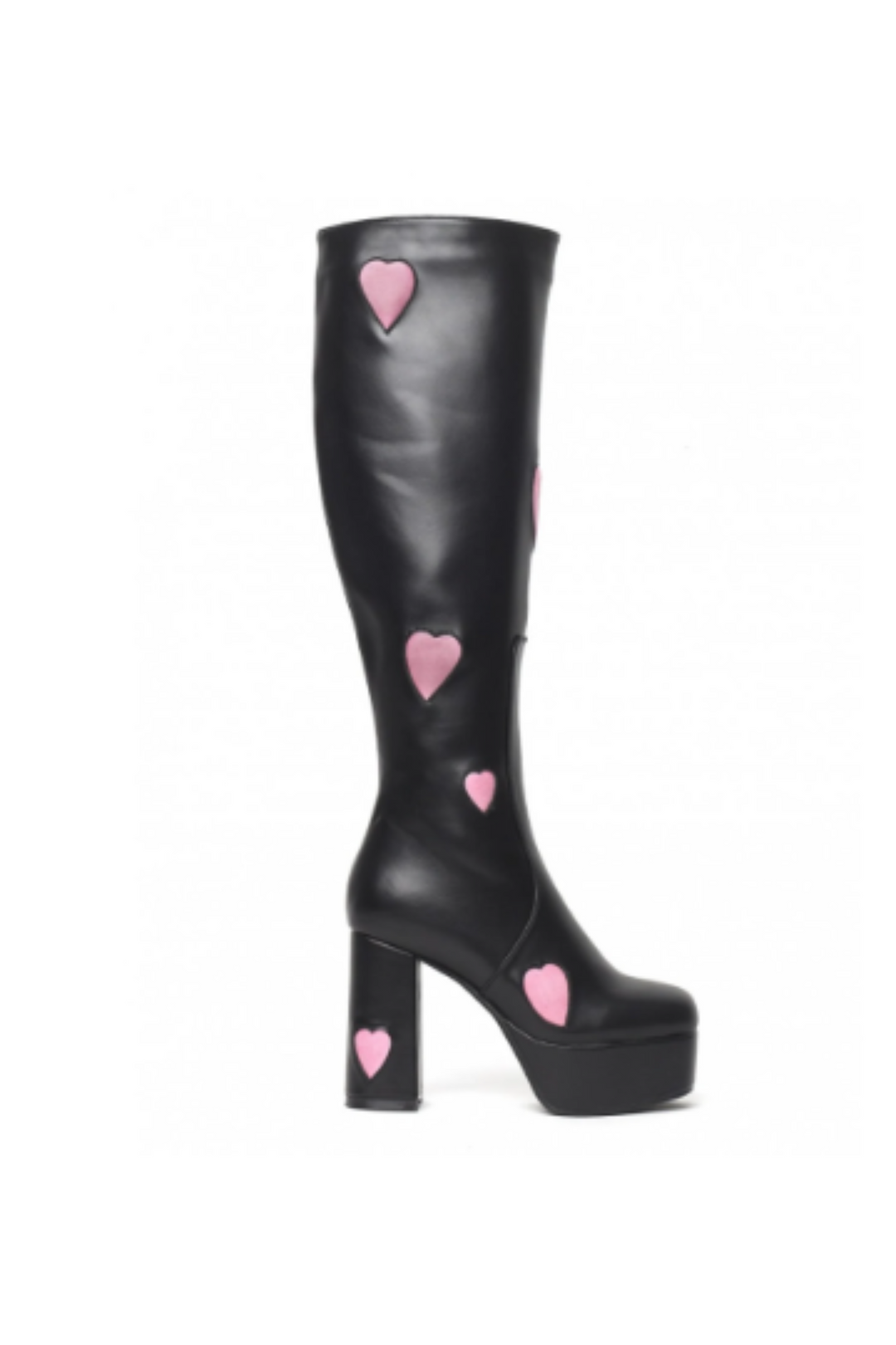 Platform Knee High Heart Print Block Heeled Boots, Side Zips, Black Faux Leather