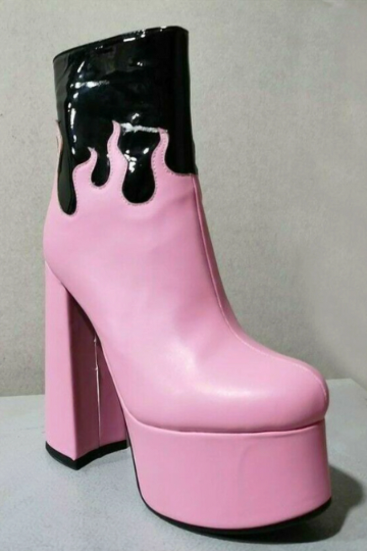 Chunky Platform Flared Heel Ankle Boots, Patent Faux Leather Black & Pink Heeled Boots, Flame Design