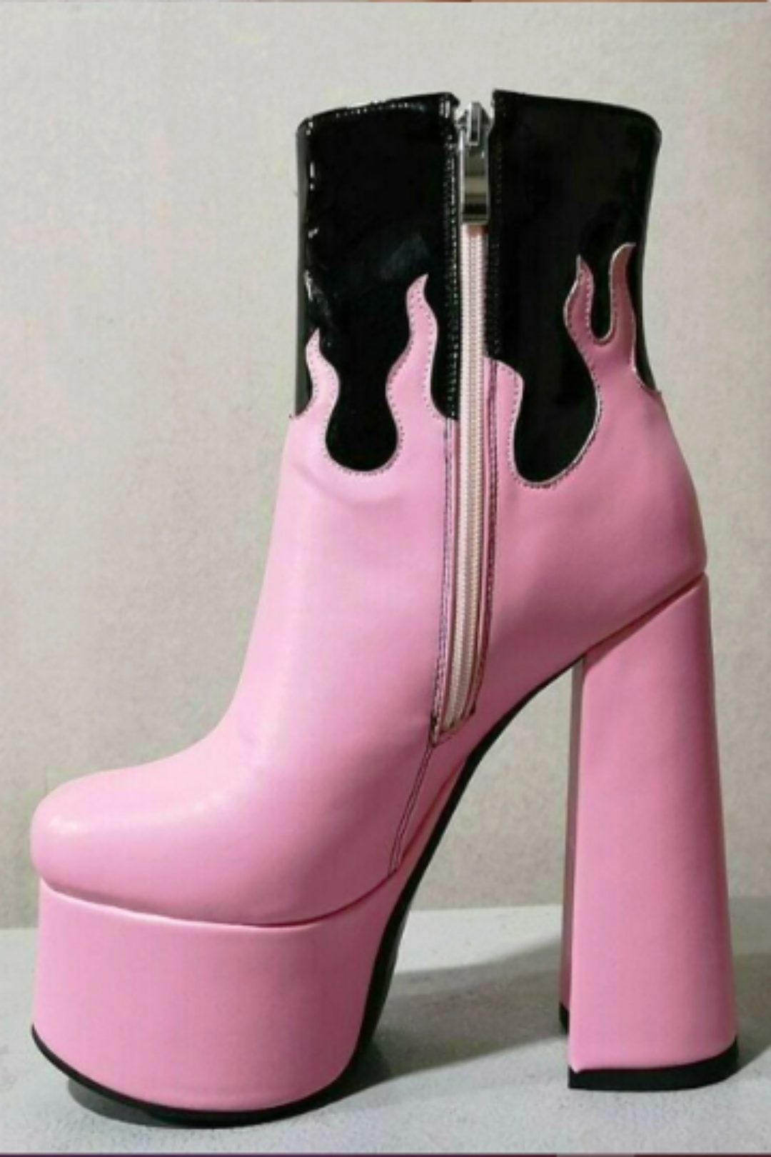 Chunky Platform Flared Heel Ankle Boots, Patent Faux Leather Black & Pink Heeled Boots, Flame Design