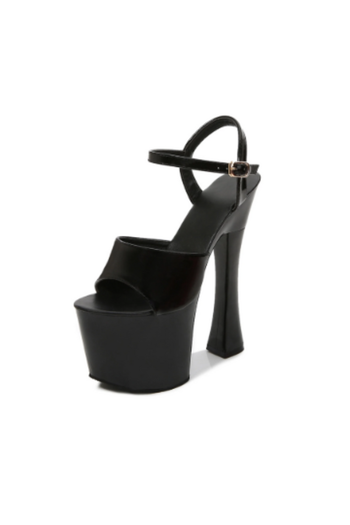 Extreme Platform Peep Toe Heels, Adjustable Buckle Ankle Strap, Available in Four Patent Colours