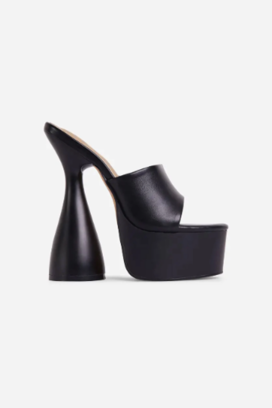 Black Peep Toe Cylinder Platform Heel Mules,  Platform Statement Heel, Faux Leather