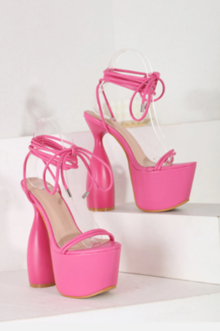 Bubblegum Pink Lace Up Cylinder Extreme Platform Heels, Strappy Sandal Platform Heels