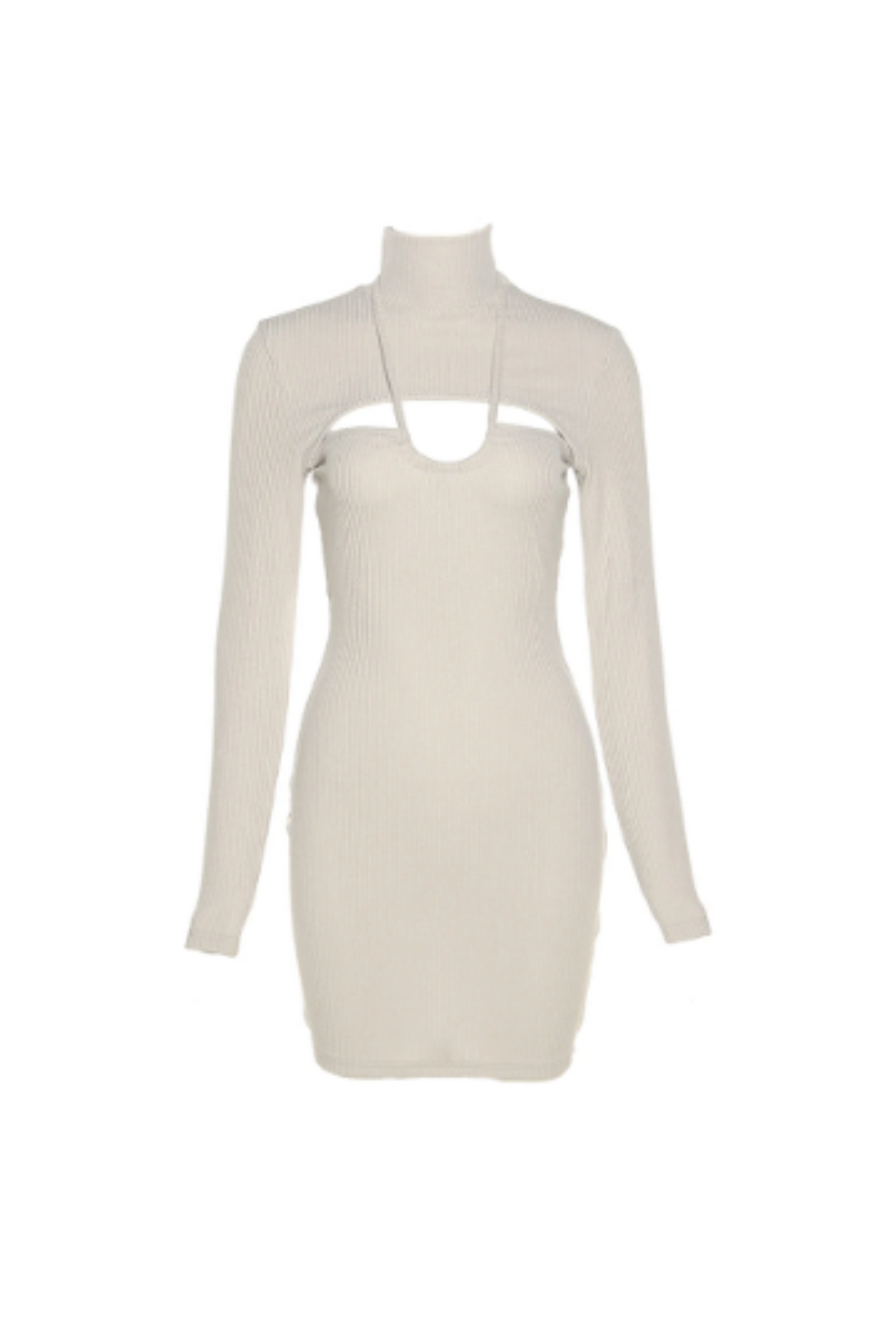 Beige Halterneck Bodycon Mini-Dress with Super Crop Top, Turtleneck Crop Top, Ribbed Jersey Material, Two Piece Set