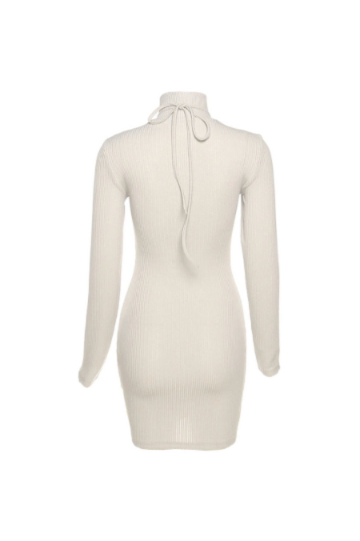 Beige Halterneck Bodycon Mini-Dress with Super Crop Top, Turtleneck Crop Top, Ribbed Jersey Material, Two Piece Set