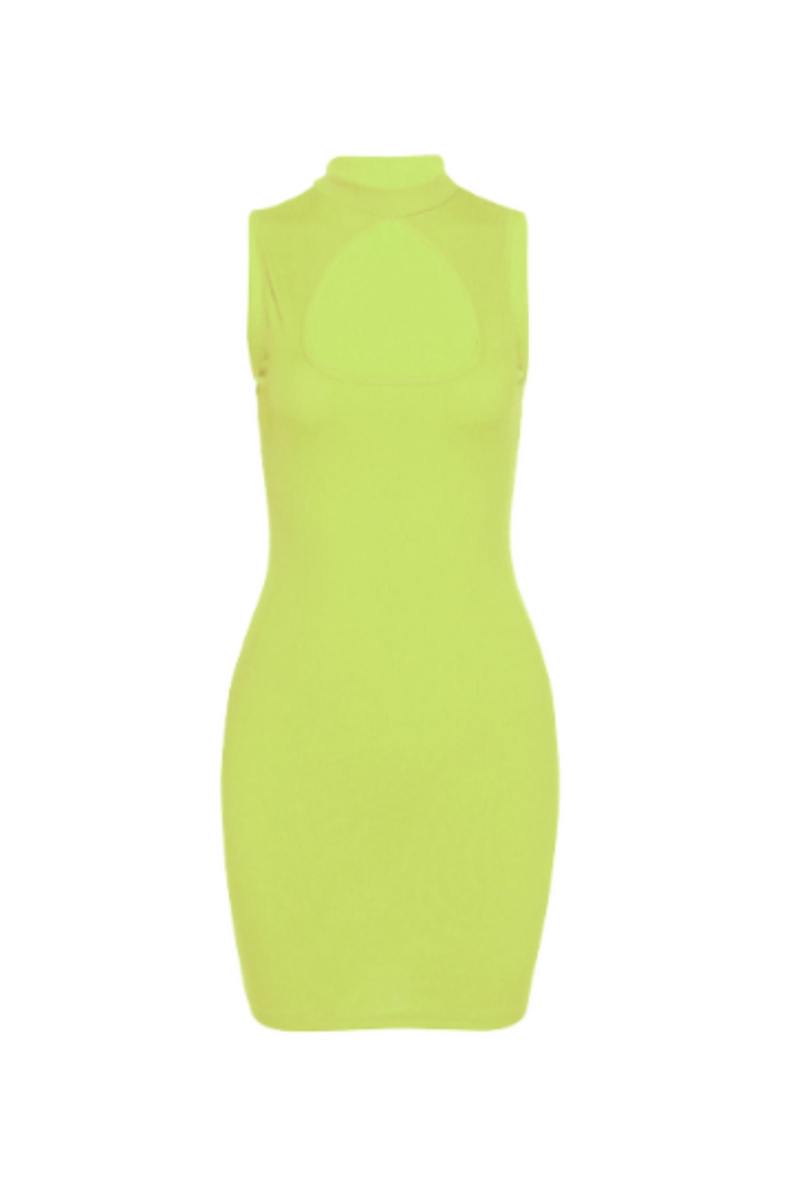 Lime Green Mandarin Collar Keyhole Front Dress, Bodycon Sleeveless Mini Dress, Plus Size Dress