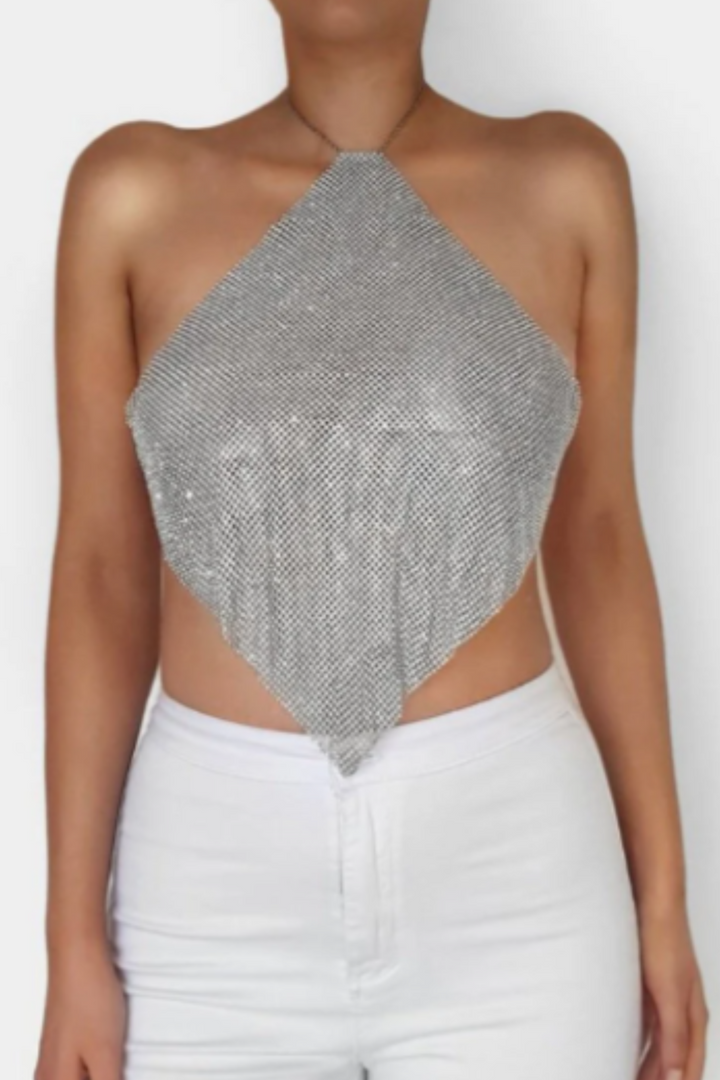 Silver Metal Mesh Halter Scarf Crop Top, Backless Scarf Bandana Top