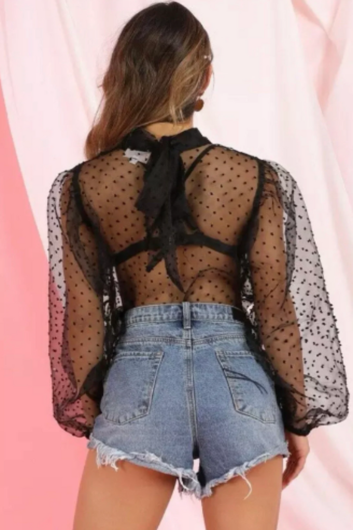 Sheer Mesh Polka Dot Print Top, High Neck Puff Shoulder Long Sleeve Mesh Top