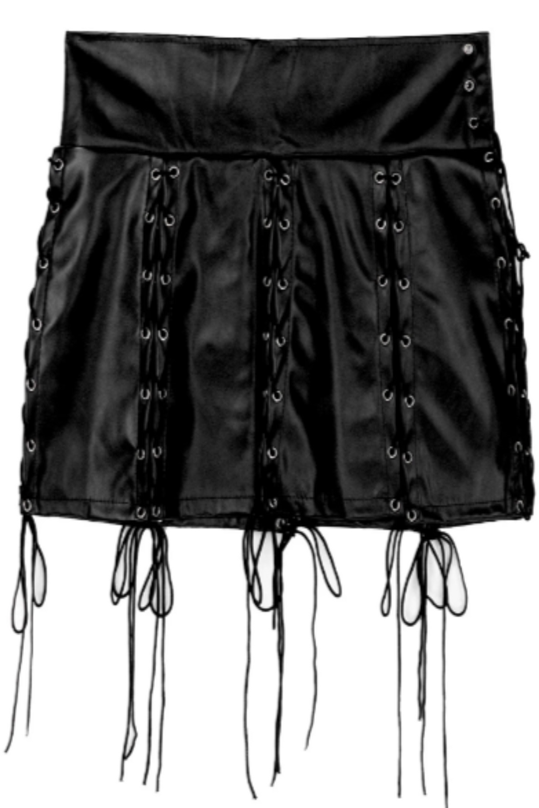 Black Vegan Faux Leather High Waisted Lace Up Spaghetti Strap Mini Skirt