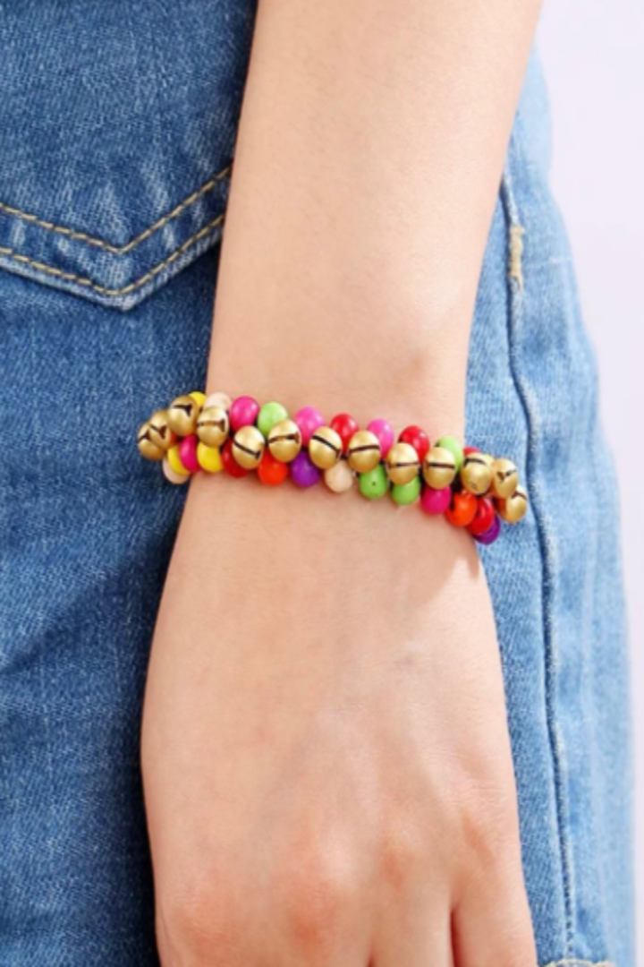 Semi-Precious Stone Bangle Ethnic Style Bell Retro Female Unisex Wrist Bracelet Arm Charm Wax Rope Hand-Woven Beach Style Creative Bohemian (48 Hour Dispatch)