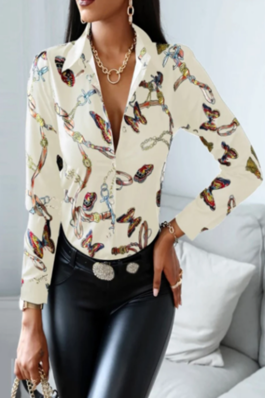 Women's Blouse Floral Printed Blouse Women Elegant V-Neck Loose Long Sleeve Shirts Sexy Spring Summer Casual Party Fashion [Bust: 40 Inches]