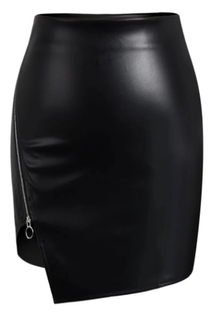 Women Faux Leather Solid Front Zipper Mini Skirt High Waist Skinny Slim Fit Slit Hip Skirt Night Club Party Streetwear [Waist: 29 Inches]