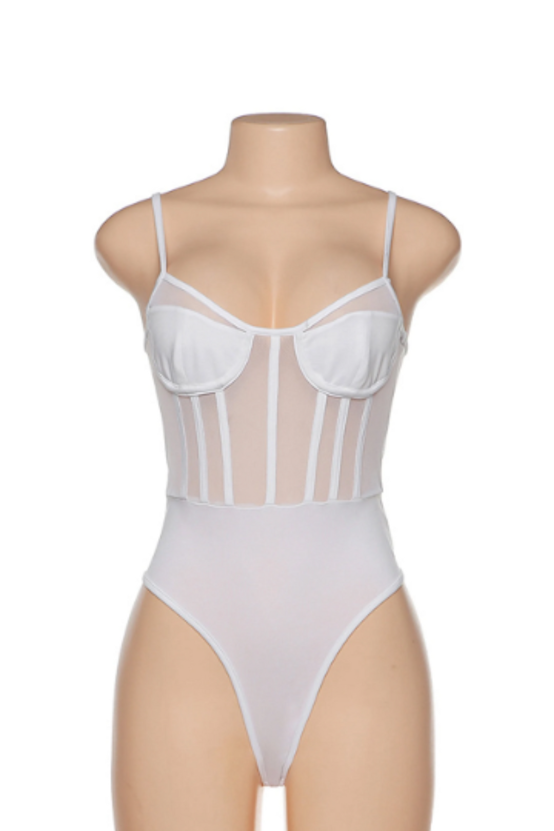 Mesh Lace Cupped Corset Bodysuit, Spaghetti Strap Sleeveless Bodysuit, Available in Black & White