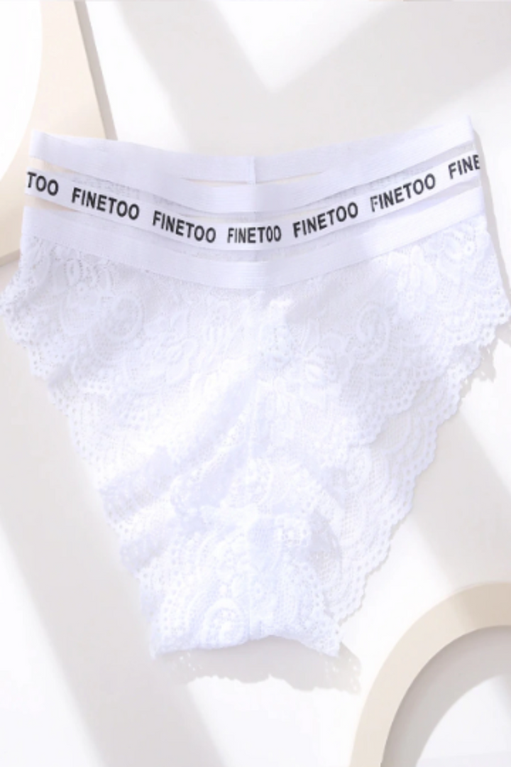 White Floral Lacy Low Rise Panties, Hollow Out Hemline, Thick Waistband, Logo Waistband, 'FINETOO' lettering, White and Black Lingerie