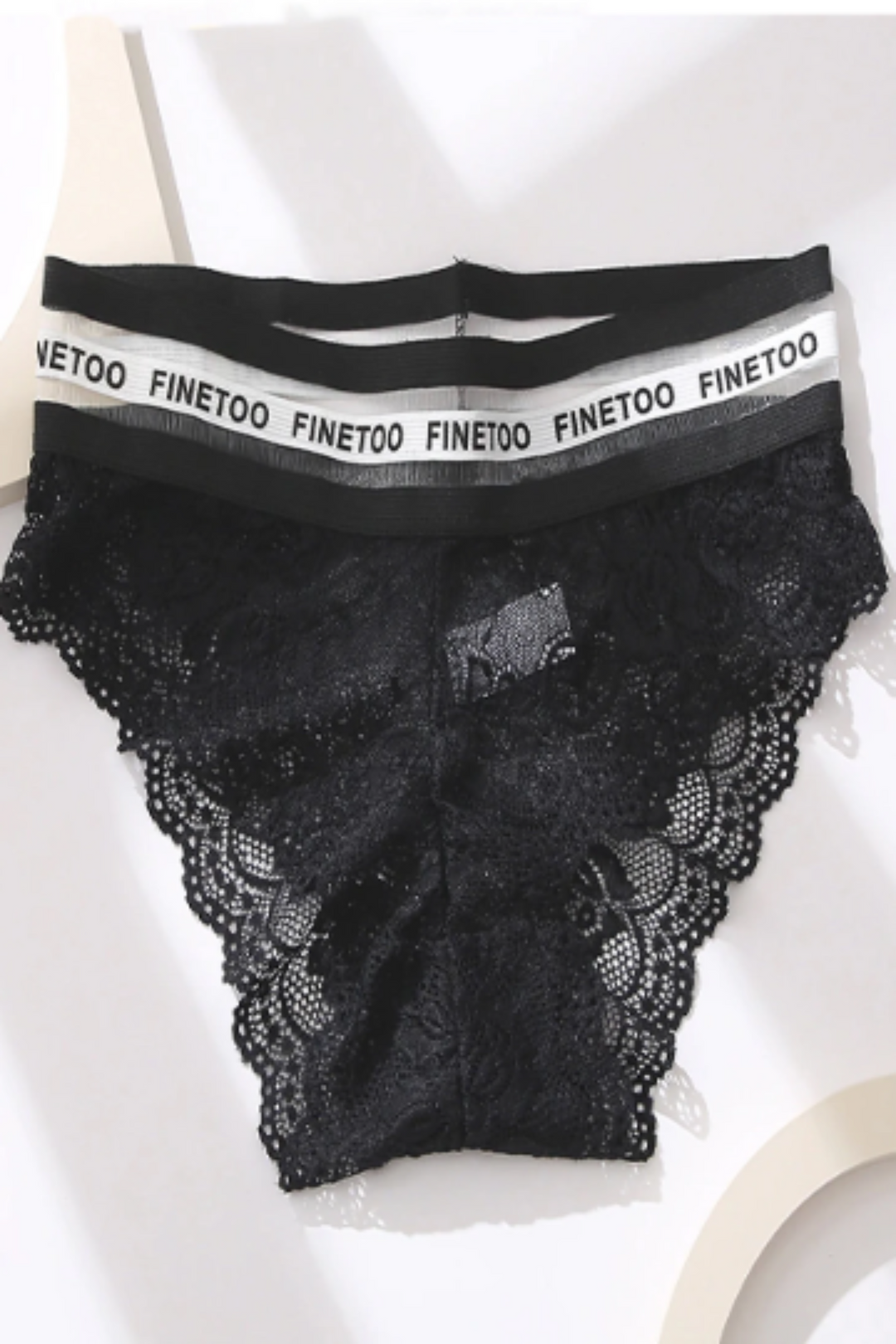 White Floral Lacy Low Rise Panties, Hollow Out Hemline, Thick Waistband, Logo Waistband, 'FINETOO' lettering, White and Black Lingerie