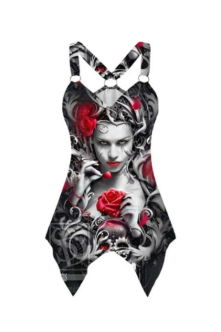 Y2K Gothic Graphic Tank Top, Crossover Back Strap, V-Neck Skull Punk Design Tank Top