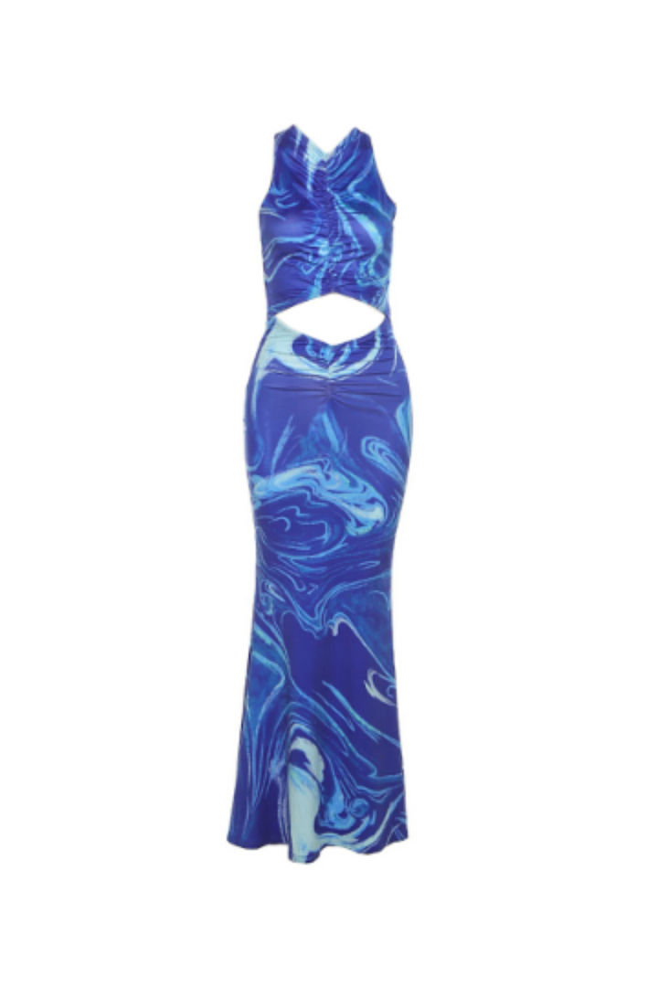 Blue Swirl Marble Print Mermaid Maxi Dress, Backless Cut Out Bodycon, Halter Neck Cross Strap Design