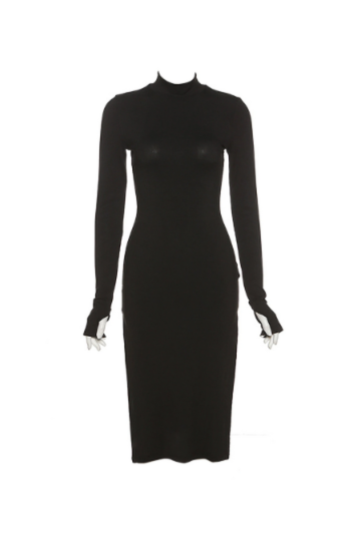 Black Bodycon Split Thigh Maxi Dress, Ribbed Jersey Material, Long Sleeve Turtleneck Dress, Slit Dress