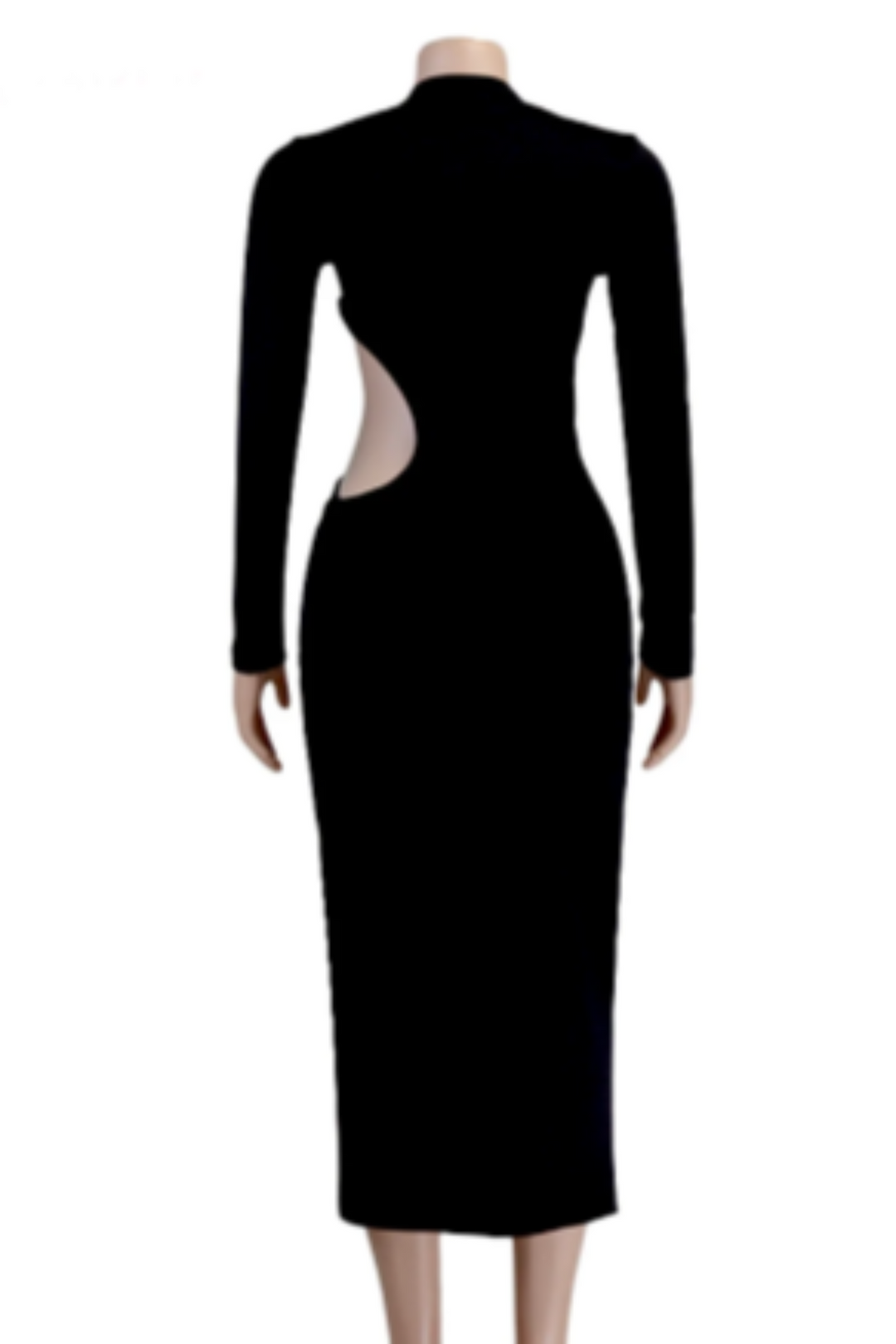 Black Asymmetric Cut Out Waist Turtleneck Long Sleeve Bodycon Maxi Dress, Petite Dresses