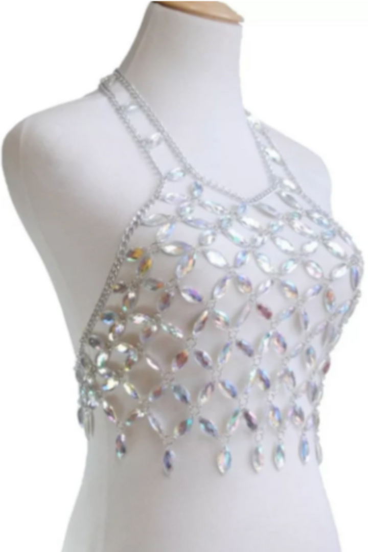 Silver Rhinestone Embellishment Chainmail Mesh Crop Top, Halter Crop Top