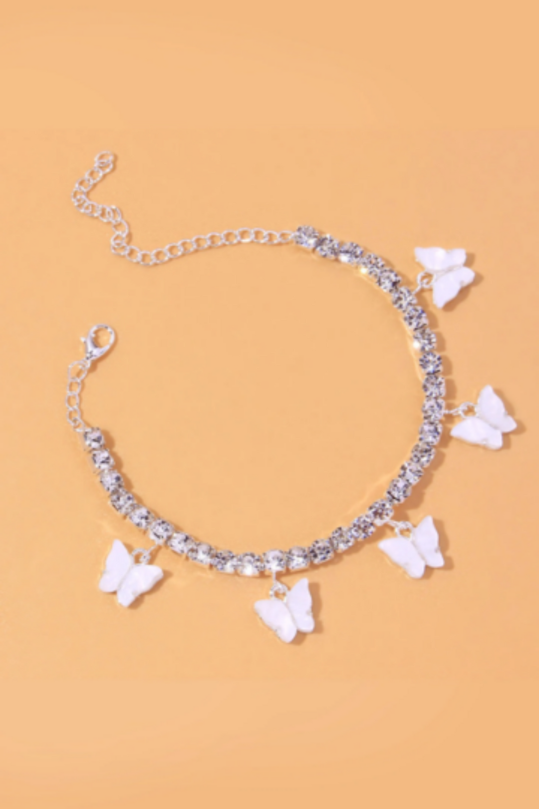 Y2K Silver Butterfly & Heart Shaped Rhinestone Crystal Anklet, Diamond Studded Ankle Bracelet, Rhinestone Chain Anklet  (48 Hour Dispatch)