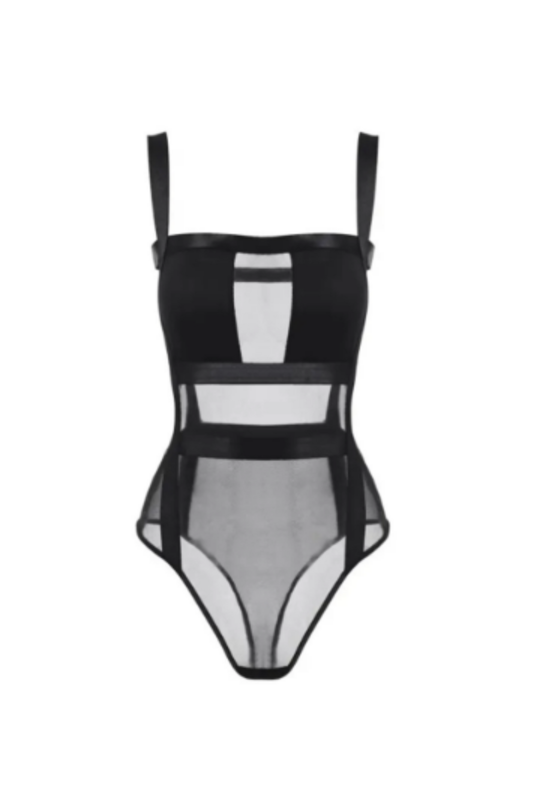 Black Mesh Ladder Cutout Bandage Bodysuit, Bodycon Bodysuit