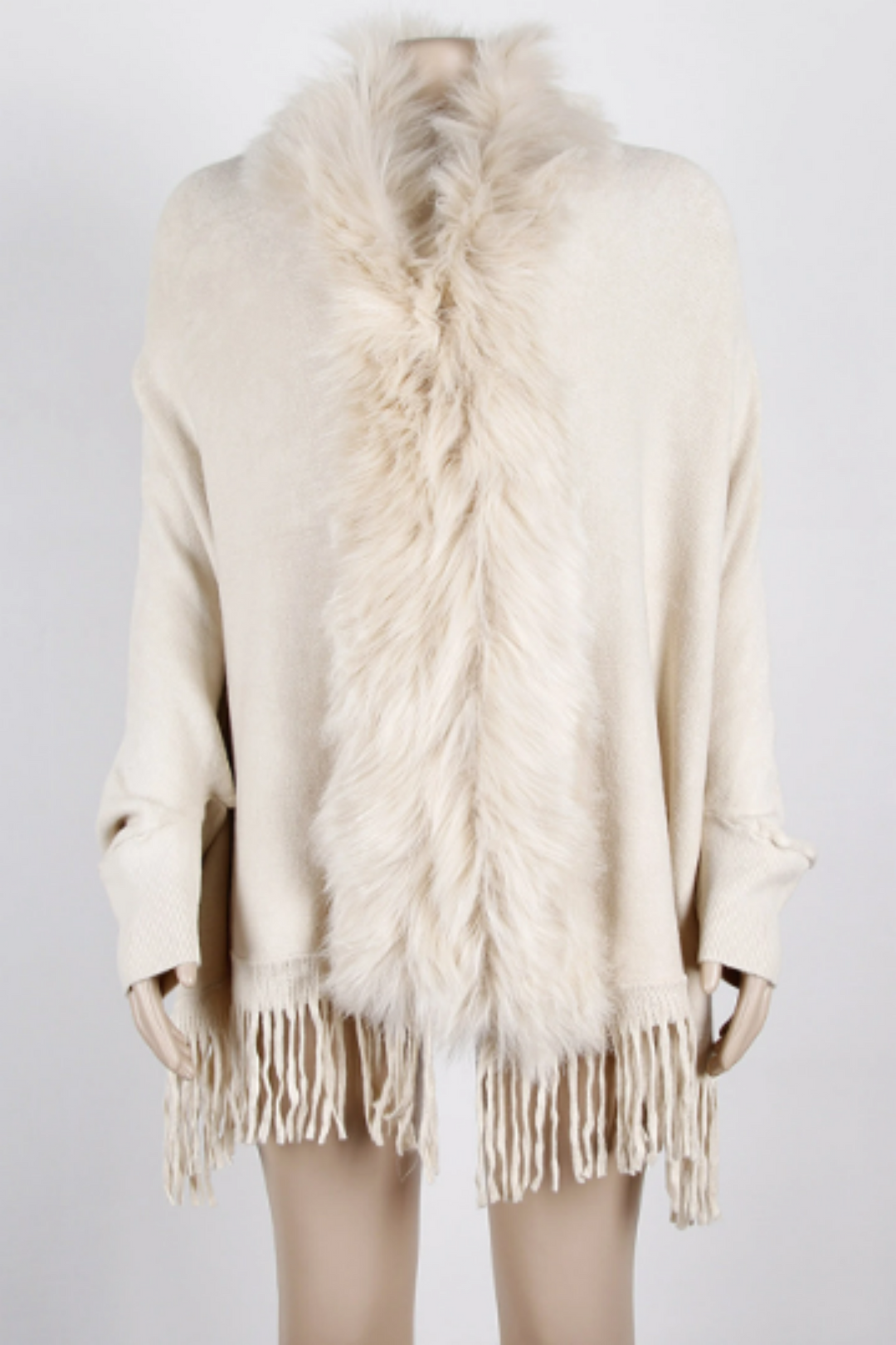 Y2K Faux Fur Trim Long Cardigan, Fuzzy Trim Textured Knit Cardigan Jacket, Available in Beige & Black