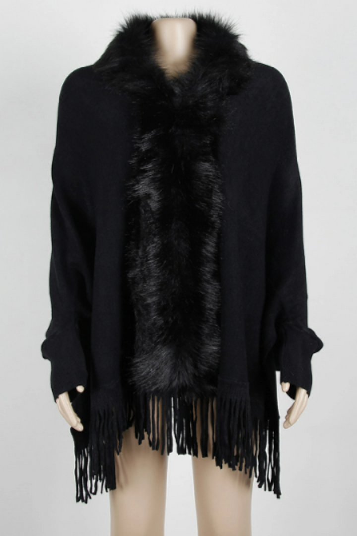 Y2K Faux Fur Trim Long Cardigan, Fuzzy Trim Textured Knit Cardigan Jacket, Available in Beige & Black