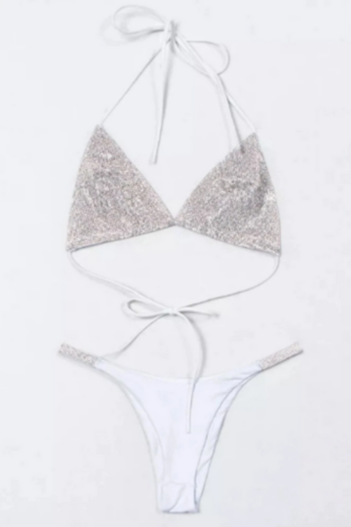 Crystal Push Up Halter Micro Triangle Bikini Swimsuit Set, Available in Black & White