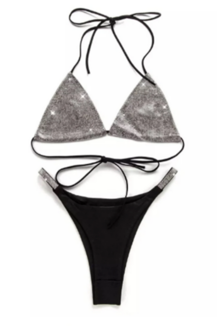 Crystal Push Up Halter Micro Triangle Bikini Swimsuit Set, Available in Black & White