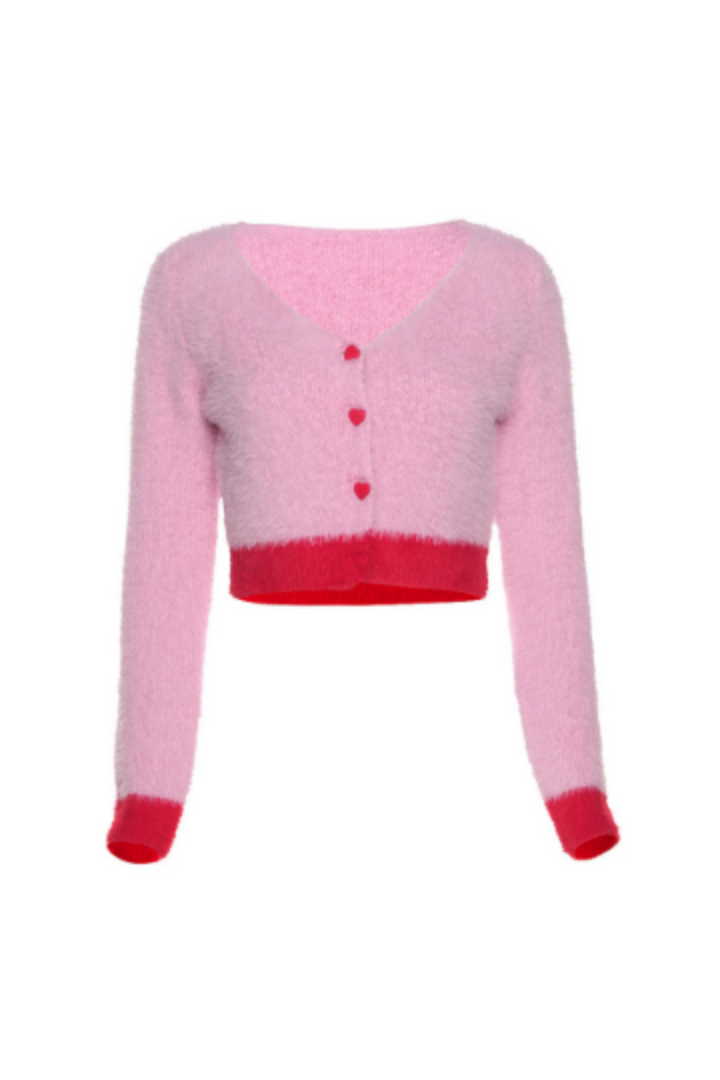 Y2K Fluffy Pink Heart Cardigan, Knitted Faux Fur Pink Set, Inspired by Rebel Wilson 'Senior Year'