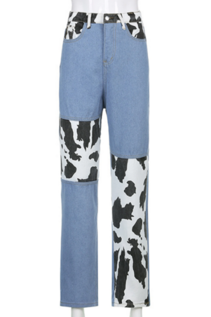 Cow Print Patchwork Jeans, Blue Wash Jeans, Graphic Cow Print High Waisted Wide Fit Straight Leg Jeans