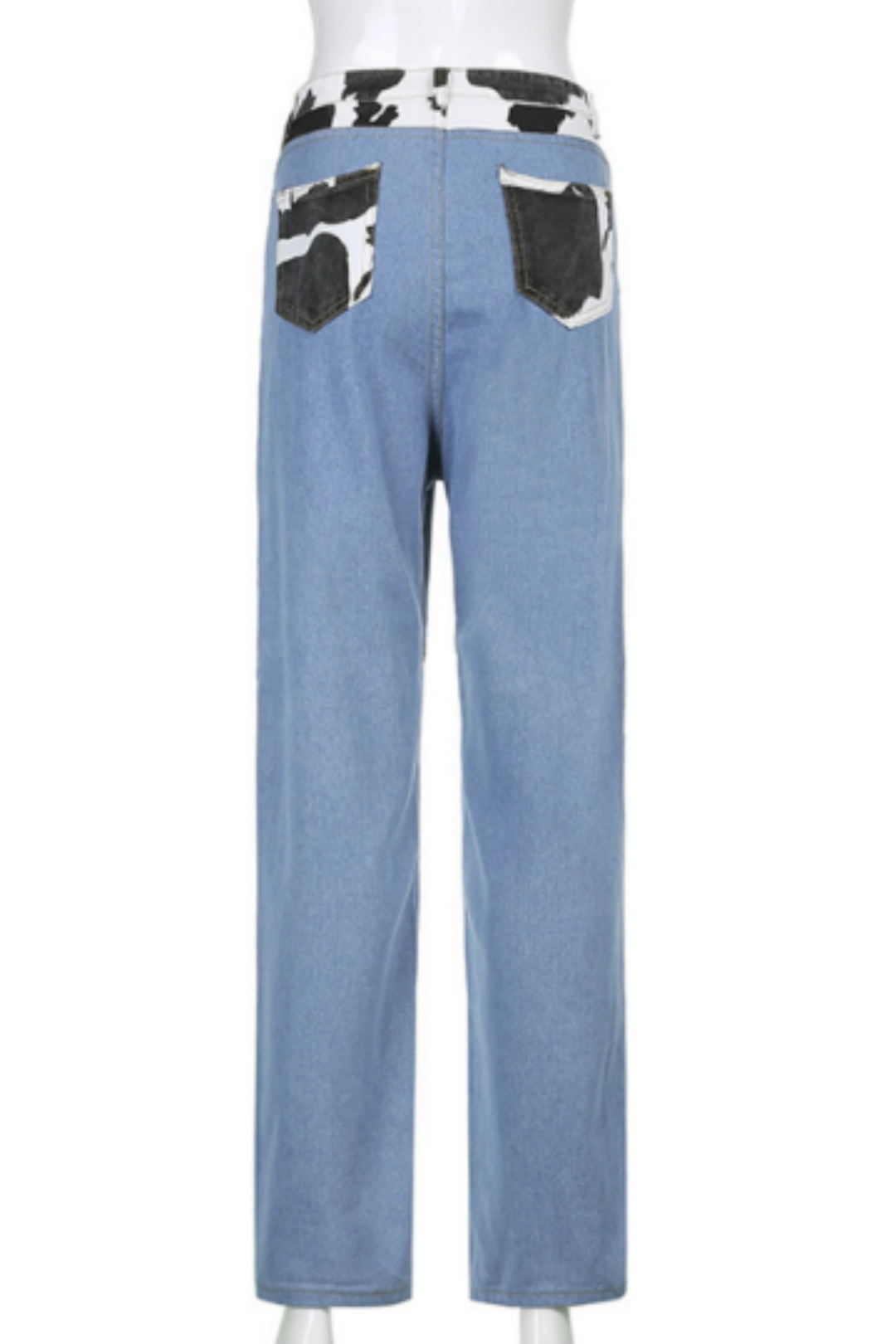 Cow Print Patchwork Jeans, Blue Wash Jeans, Graphic Cow Print High Waisted Wide Fit Straight Leg Jeans