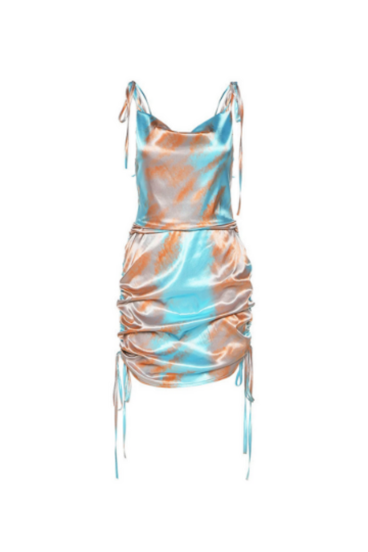 Ruched Strappy Satin Mini Dress, Halter Cami Dress, Spaghetti Straps, Lacy Tie Back, Available in Two Designs