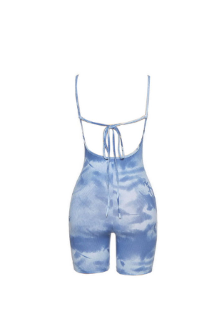 White & Blue Tie Dye Strappy Playsuit Unitard Romper, Tie Back Strap, Deep Plunge Neckline, Ribbed Jersey Material, Backless One Piece Set