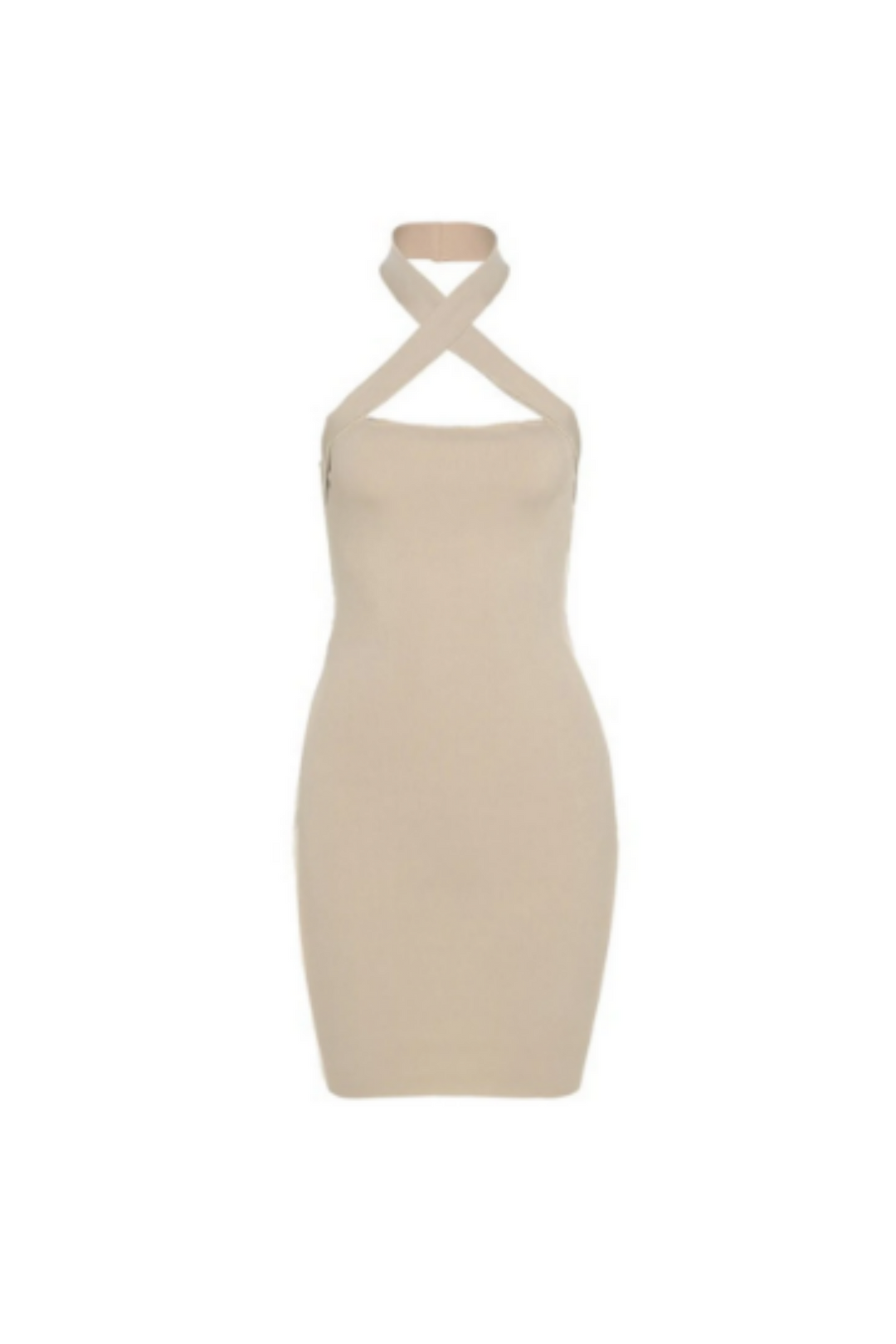 Beige Bodycon Mini Dress, Twisted Front Cross Strap Design, Halter Neckline Dress, Ribbed Jersey Fabric