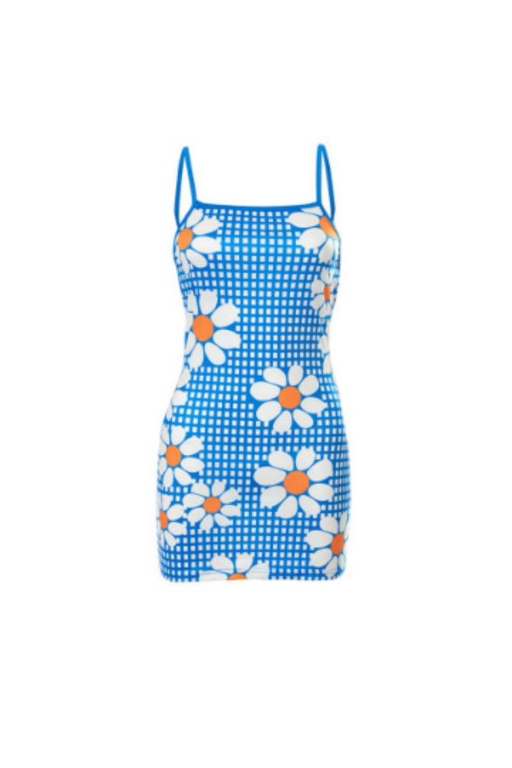 Blue & White Checkered Tennis Mini-Dress, Floral Print Square Neck, Backless Bodycon Mini Dress, Y2K Summer Dress