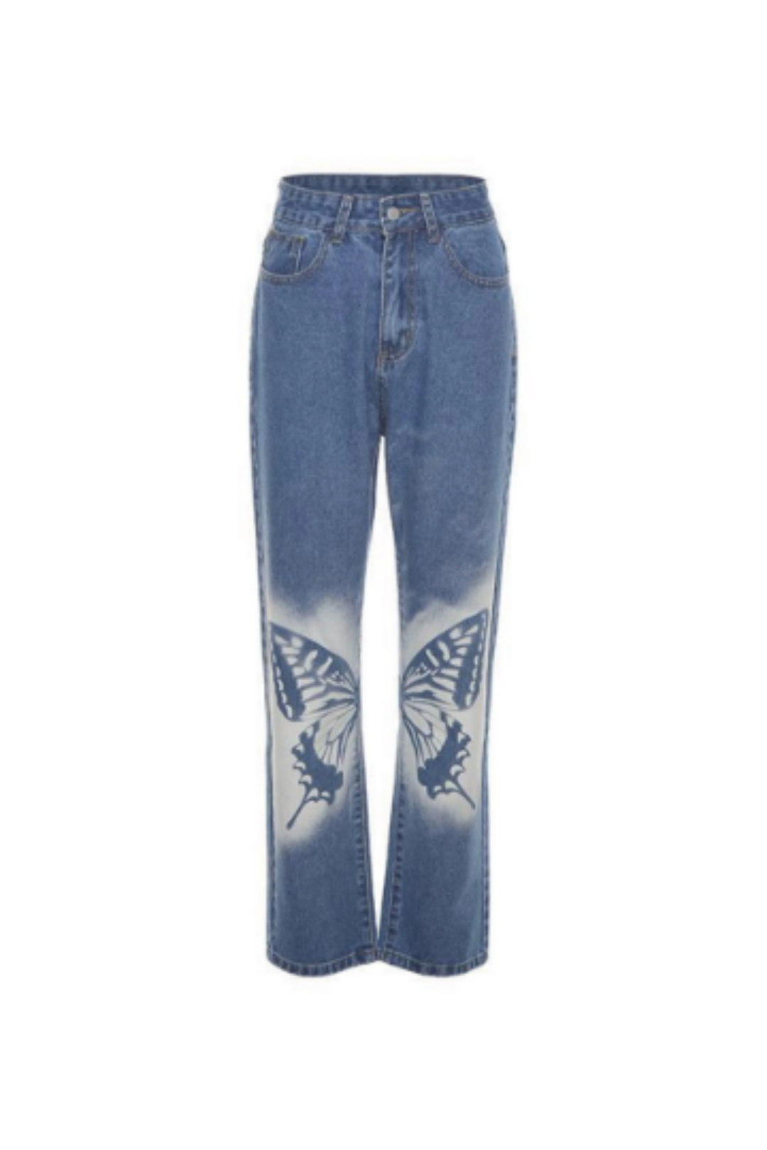 Butterfly Print High Waist Straight Leg Jeans, White Graphic Blue Wash Jeans, Y2K Flared Jeans