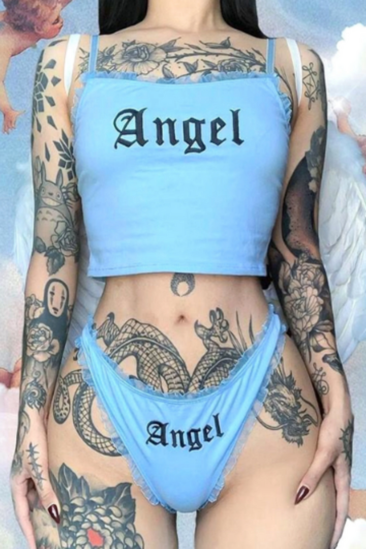 Mesh Hem Lingerie Two-Piece Set, Crop Top, High Rise Panties, 'Angel' Lettering, Available in Blue & Pink