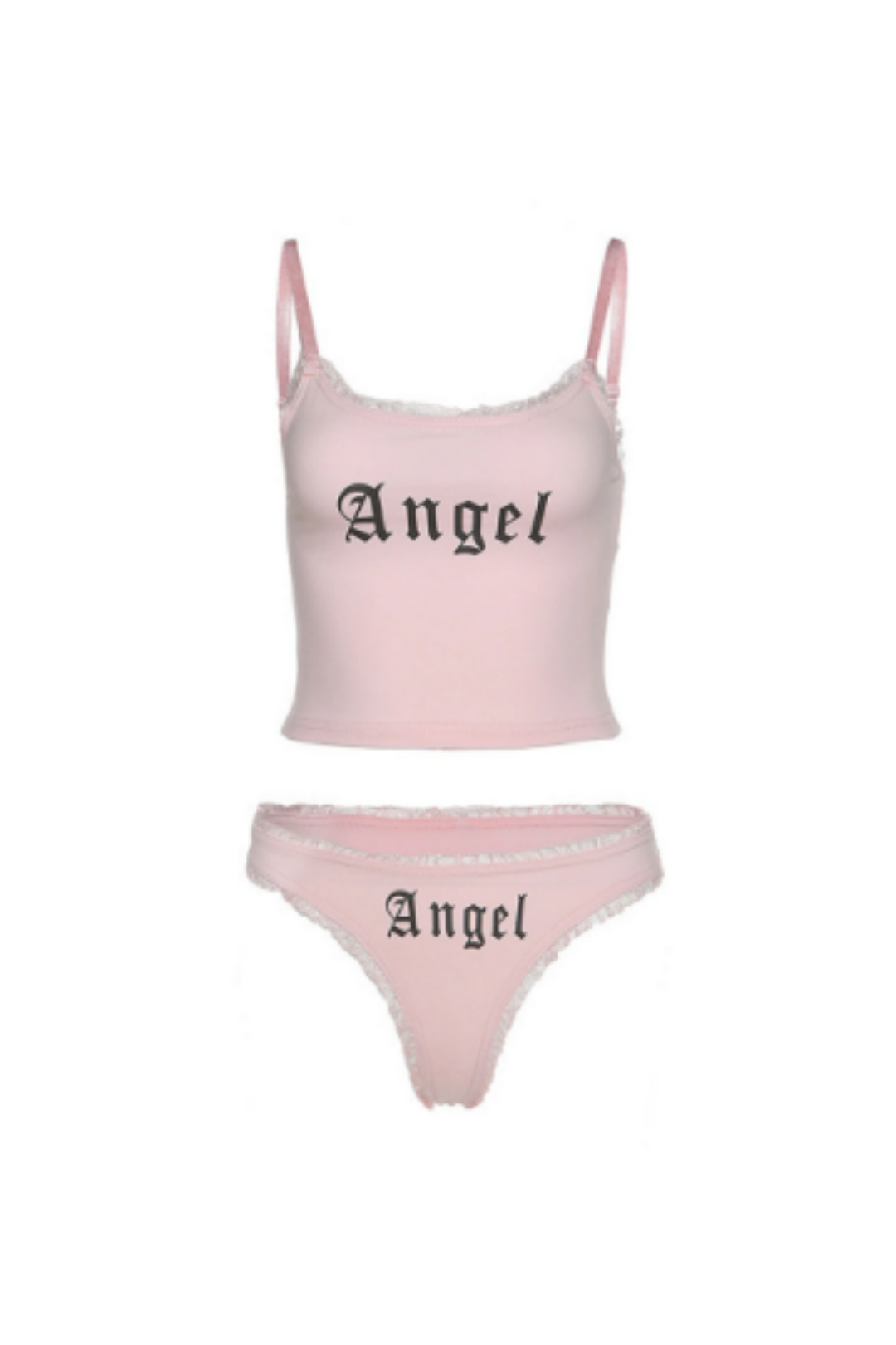 Mesh Hem Lingerie Two-Piece Set, Crop Top, High Rise Panties, 'Angel' Lettering, Available in Blue & Pink