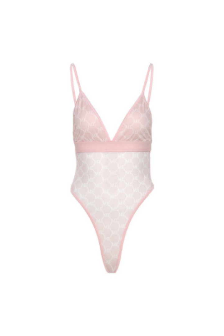 Deep Plunge Mesh Bodysuit, Mesh Pink Waistband Bodysuit, 'ME' Print Lettering Design, Available in Pink or Black